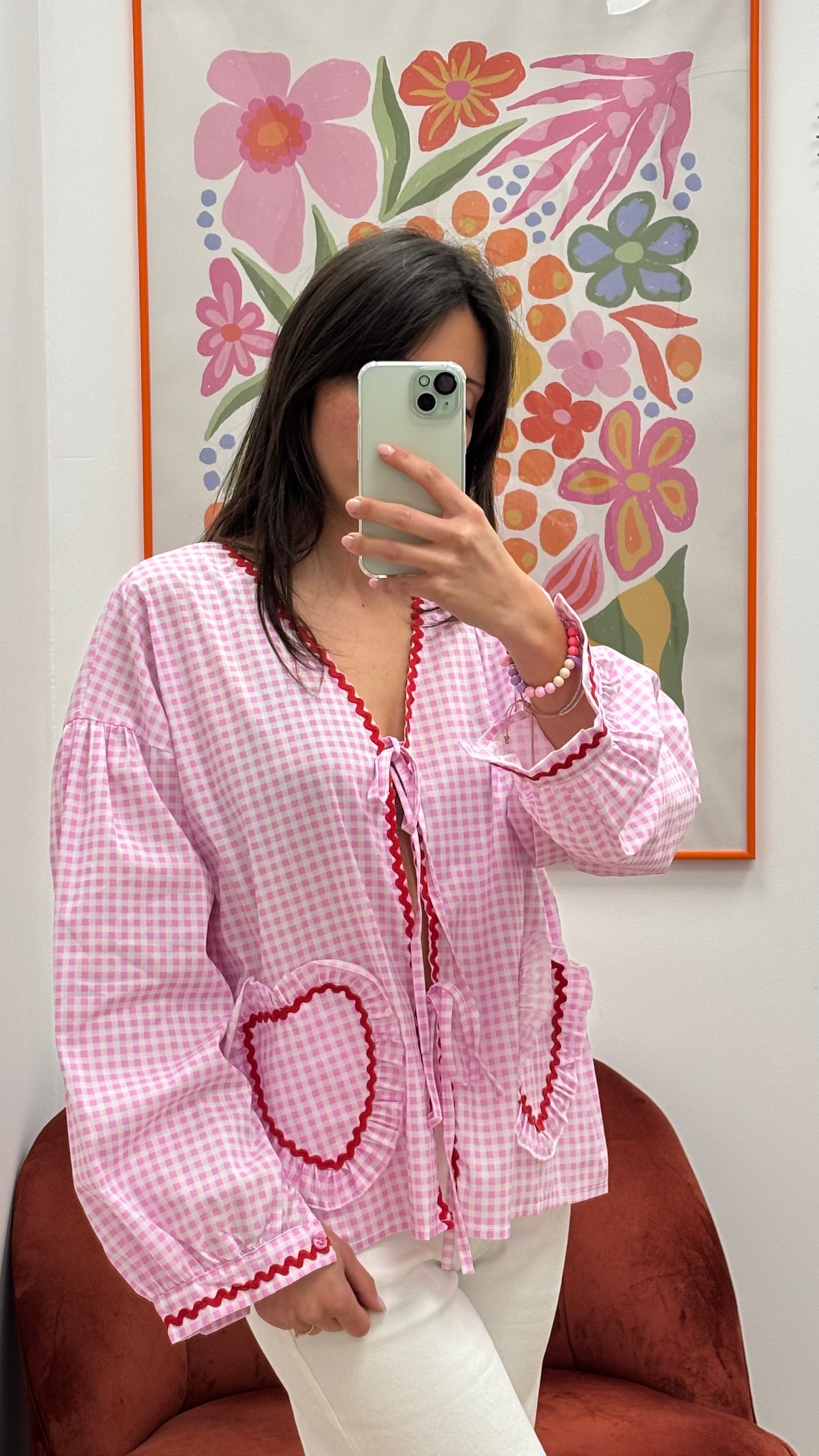 Chemise manches longues à motif vichy rose poches cœur