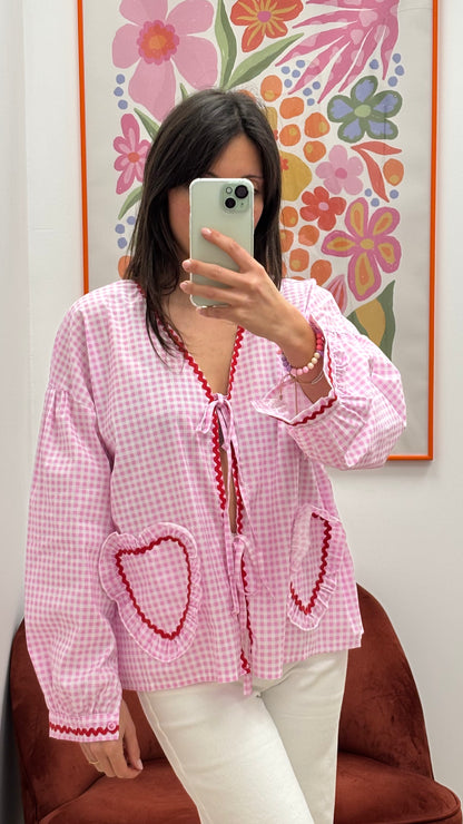 Chemise manches longues à motif vichy rose poches cœur