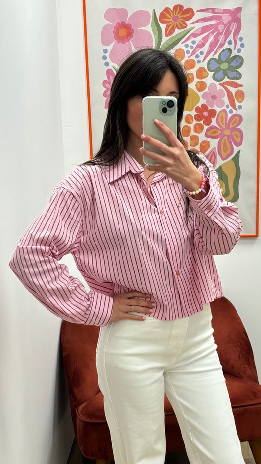 Chemise rayée rose à manche longue de face