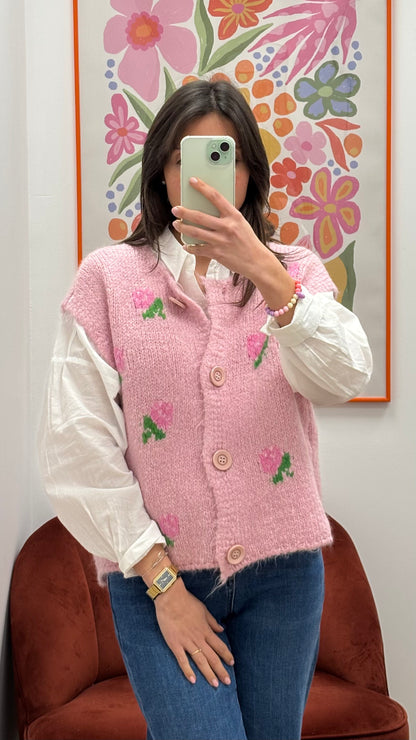 Gilet sans manches rose à motifs floraux