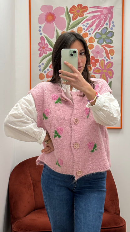 Gilet sans manches rose à motifs floraux