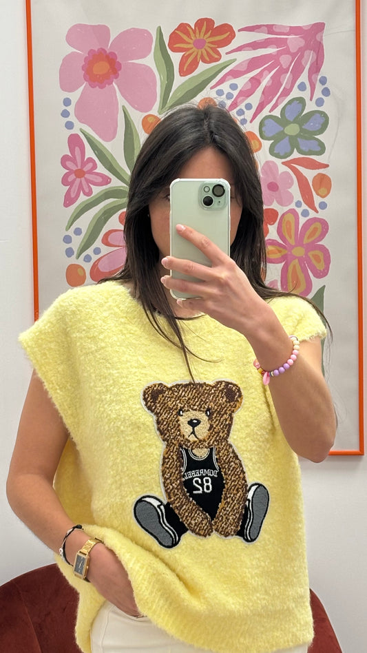 Pull sans manches jaune motifs ours en peluche