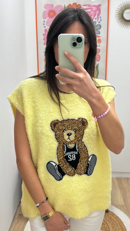 Pull sans manches jaune motifs ours en peluche