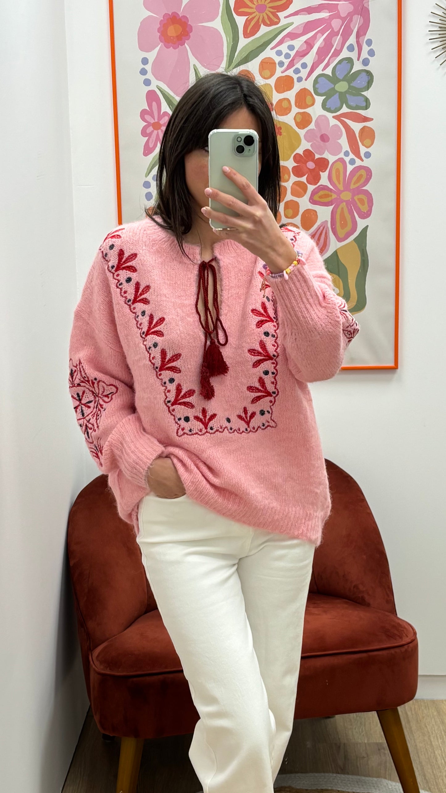 Pull maille rose motifs hiver