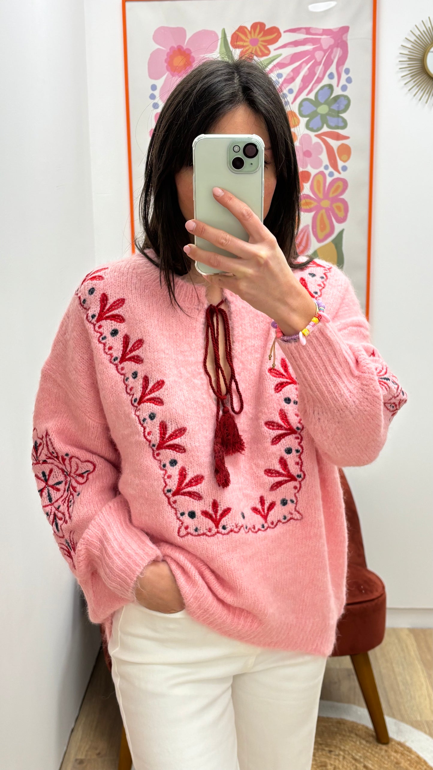 Pull maille rose motifs hiver